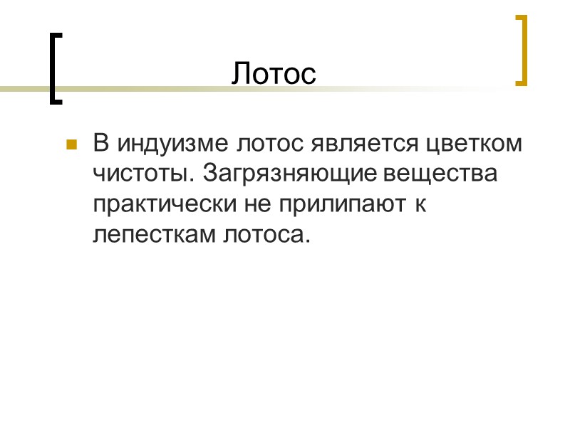Лотос В индуизме лотос является цветком чистоты. Загрязняющие вещества практически не прилипают к лепесткам